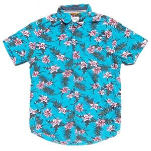 Free Planet Blue Multi Floral Print Button Down Hawaiian Shirt